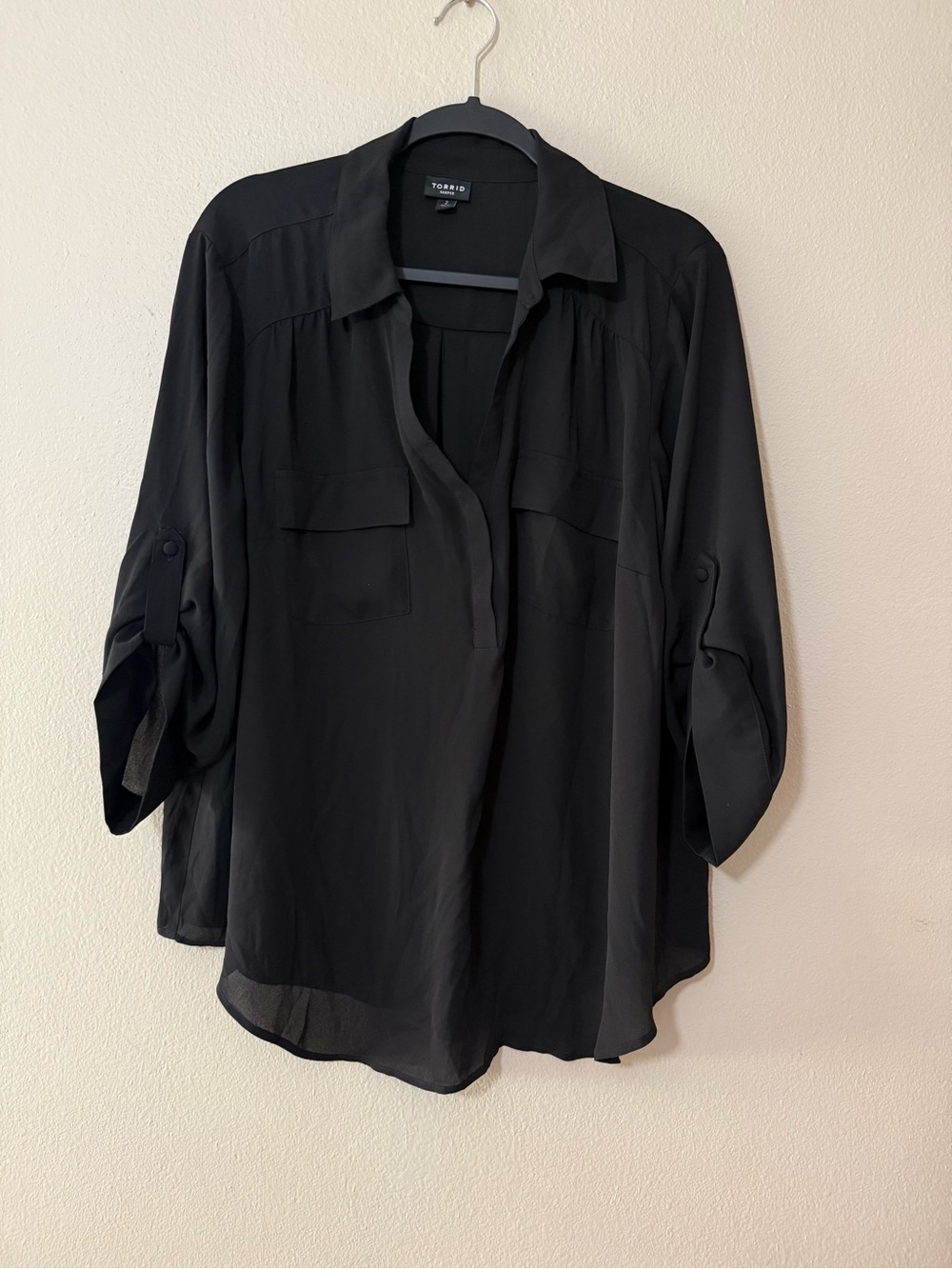 Torrid Black Split-Neck Button Tab Sleeve Blouse